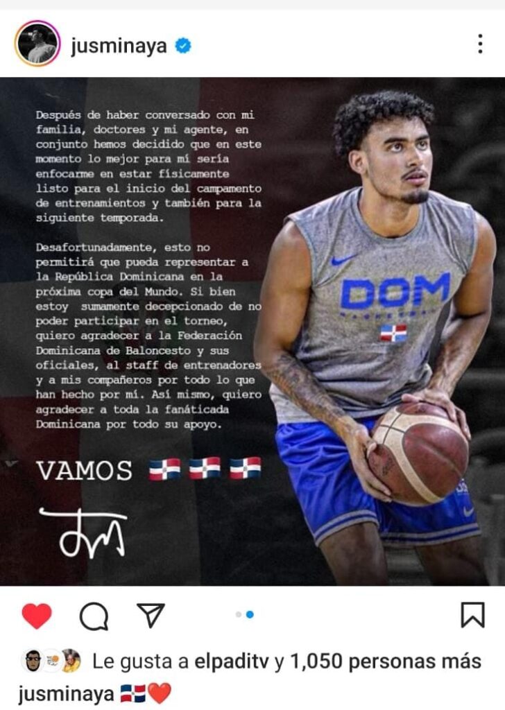 Justin Minaya anuncia se retira del equipo dominicano al mundial FIBA