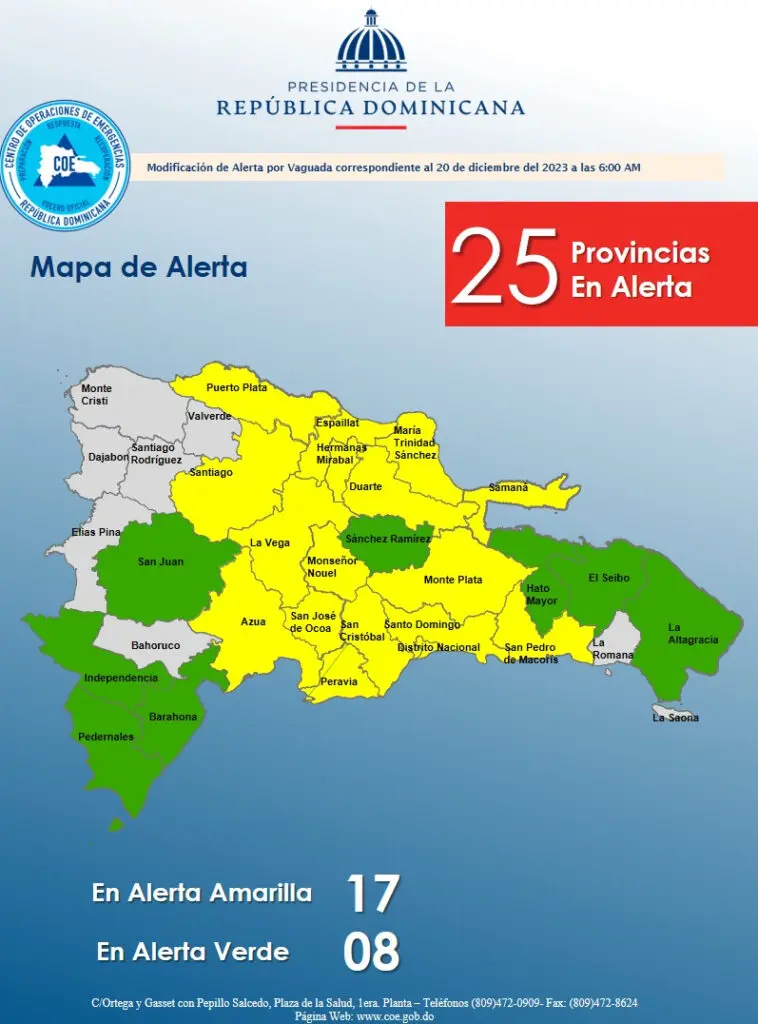 COE mantiene 25 provincias en alerta y modifica alerta roja en la capital