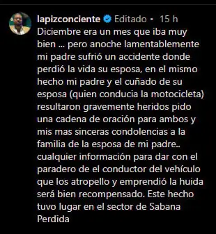 Padre de Lápiz Consciente sufre accidente y su madrastra pierde la vida