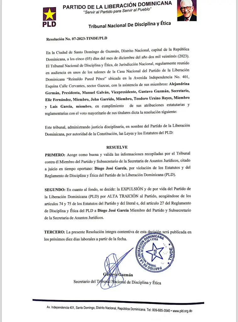PLD expulsa a Diego García, candidato al Colegio de Abogados