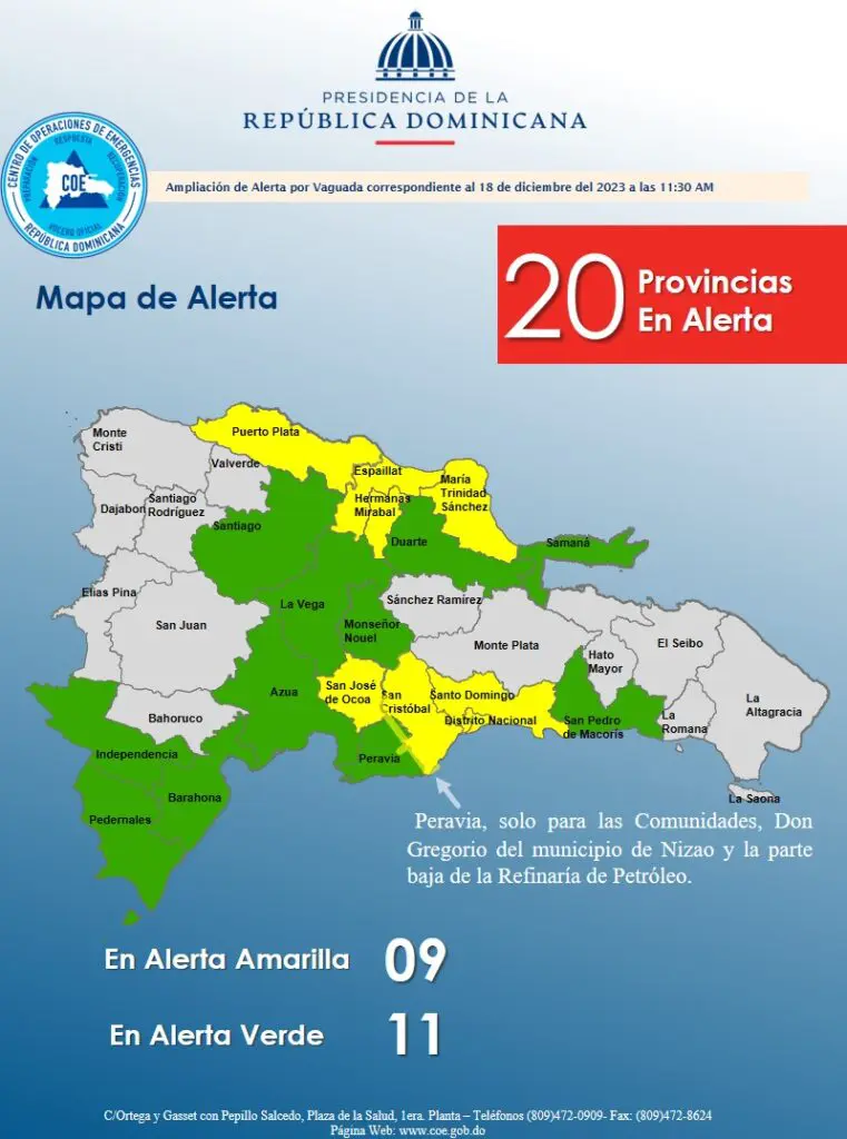 COE aumenta a 20 las provincias en alerta por vaguada