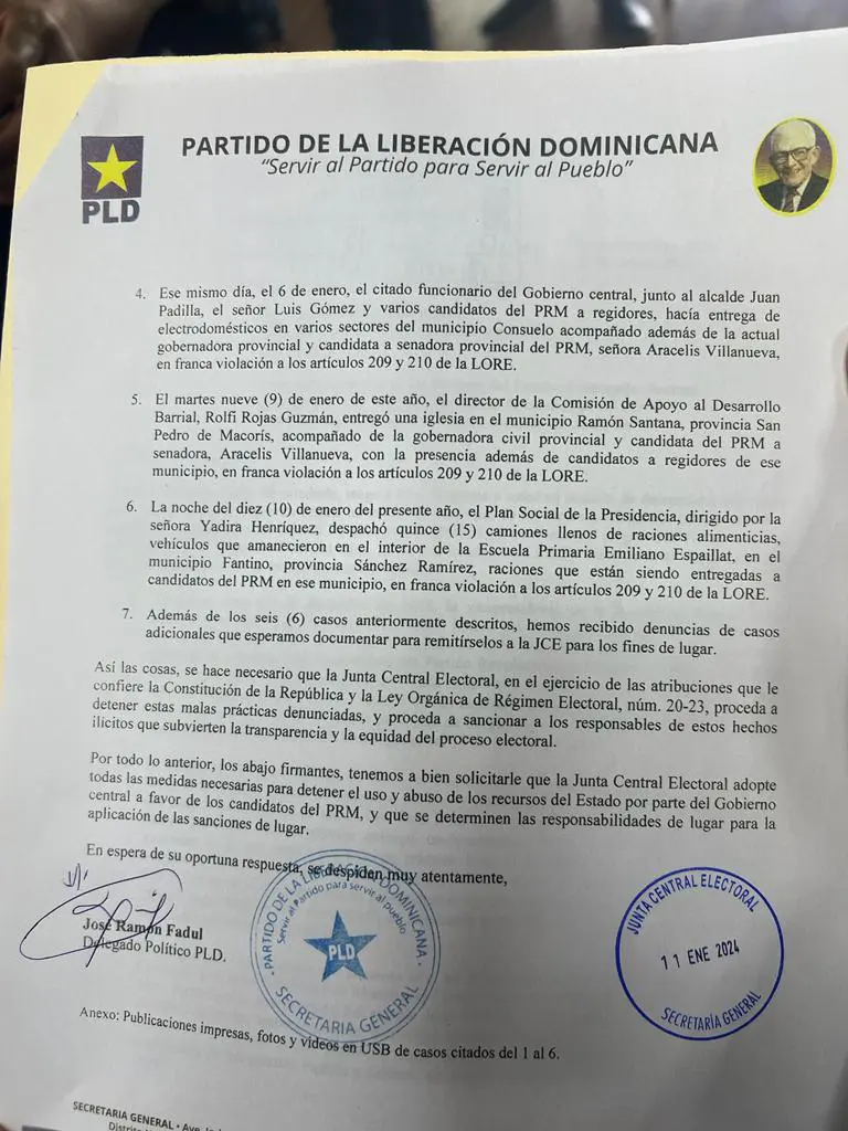 PLD solicita a JCE detener uso de los recursos del Estado a favor del PRM