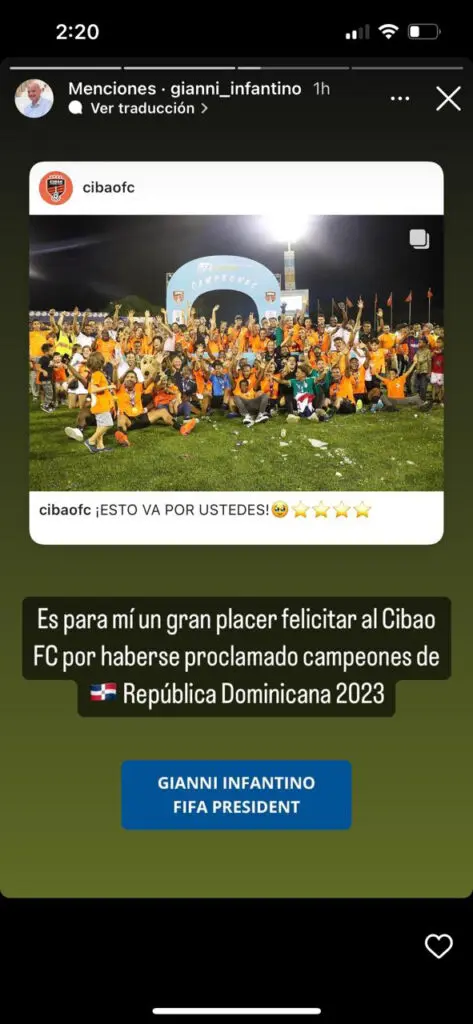 Presidente de la FIFA felicita al Cibao FC por su campeonato