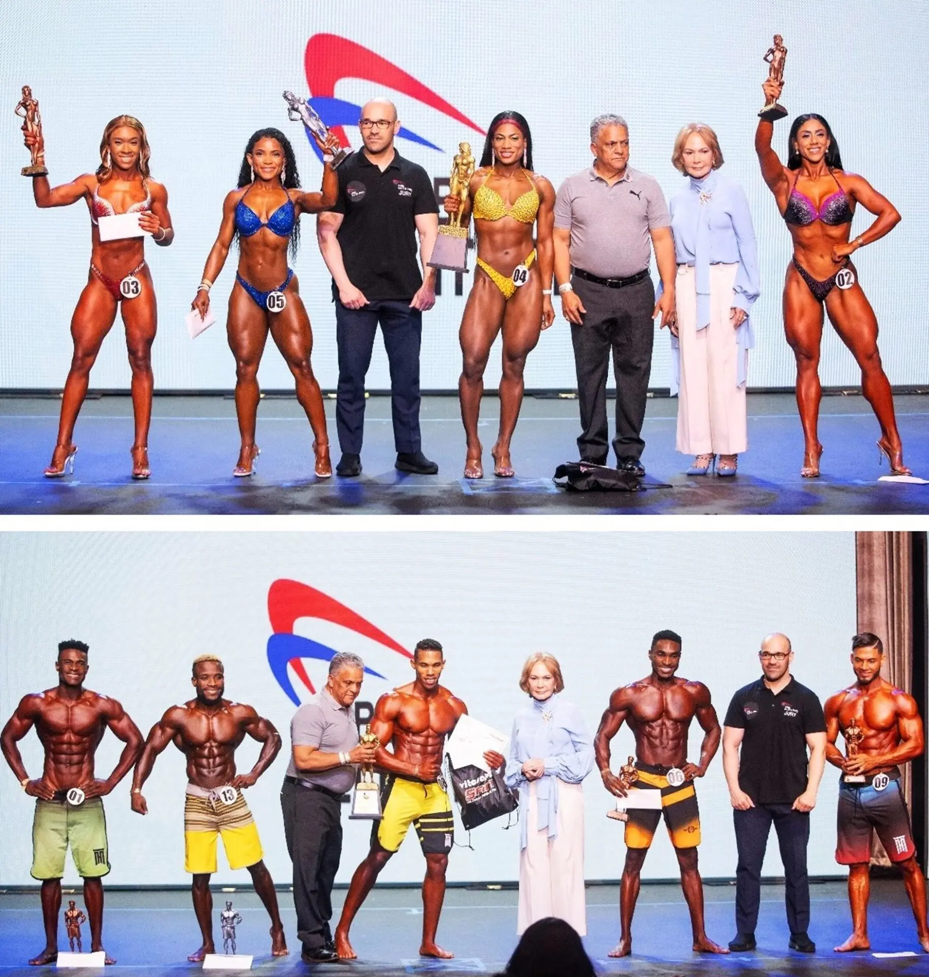 Arriba, las ganadoras IFBB élite pro (Profesionales), en el centro, Kerwen Lewis, Isaura Pineda, Delia Aristy y Yarissa Cuevas