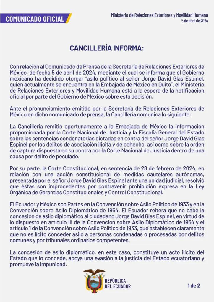 Así fue el asalto a la embajada de México en Ecuador para arrestar a Jorge Glas