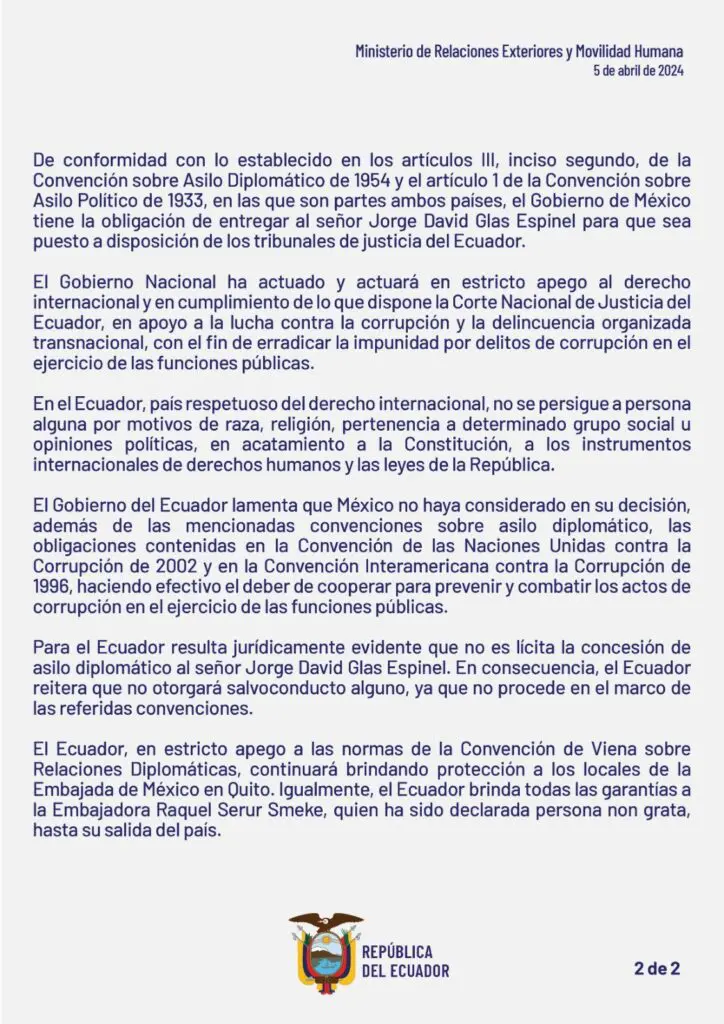 Así fue el asalto a la embajada de México en Ecuador para arrestar a Jorge Glas