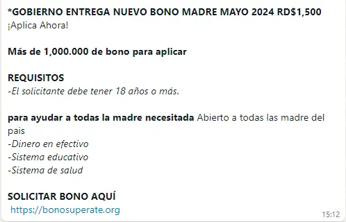 Mensaje de estafa promete falsa entrega del Bono Madre 2024