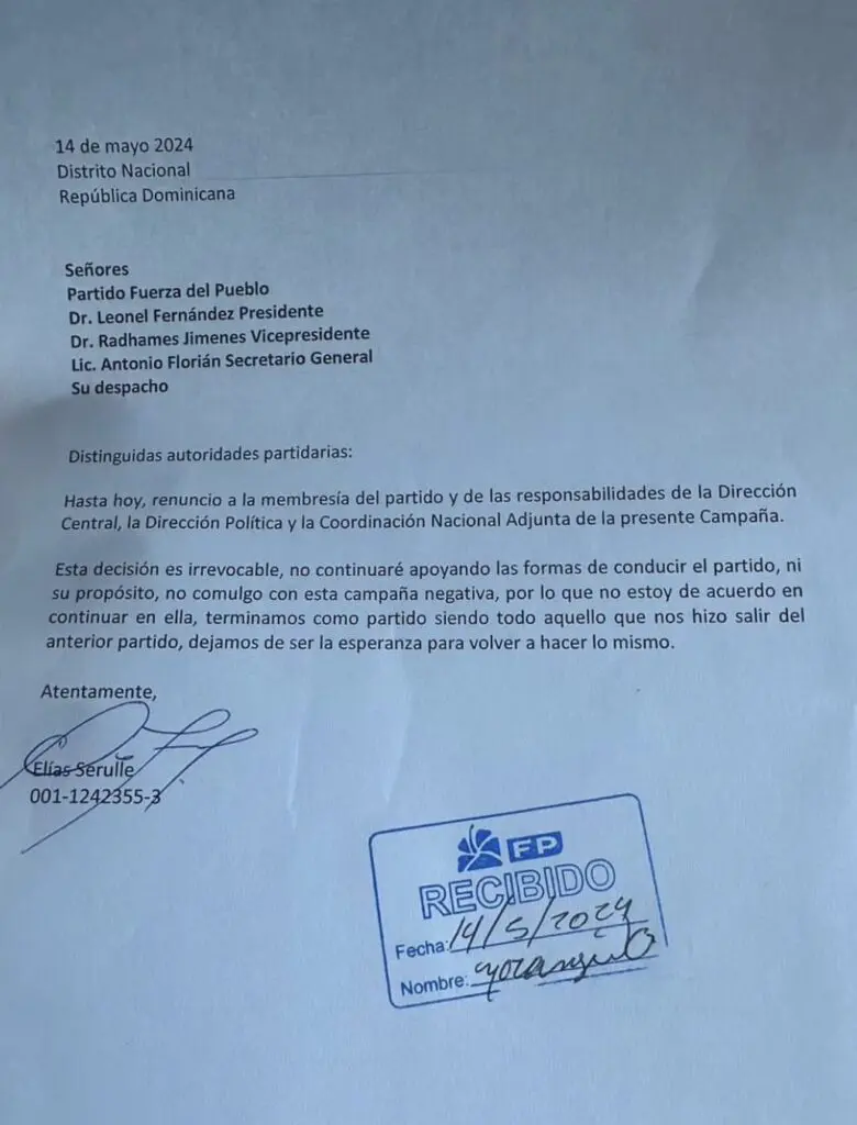 Elias Serulle renuncia a su militancia en la Fuerza del Pueblo