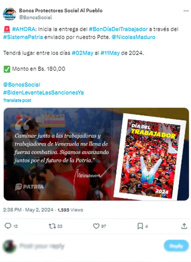 Segundo Bono Especial, 16 de mayo 2024 FECHA y MONTO OFICIAL