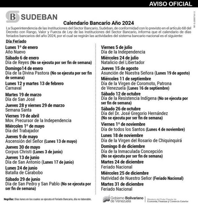 Calendario de efemérides y lunes bancarios en Venezuela de junio 2024