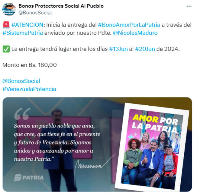 CONSULTA con CÉDULA el Bono Amor por la Patria de JUNIO 2024