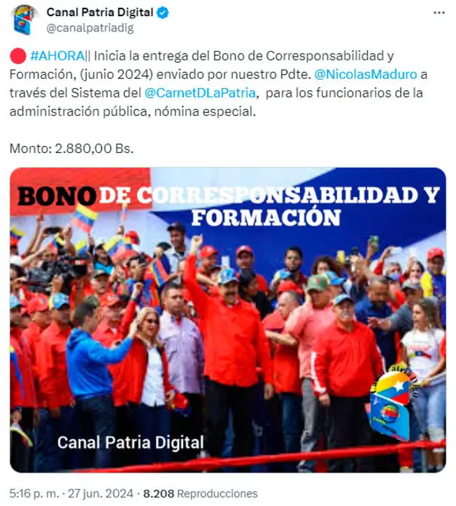 NUEVO BONO Patria de 2.880 bolívares beneficiarios y requisitos