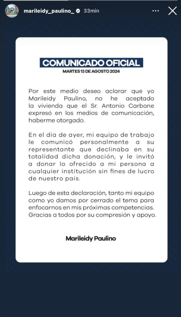 Marileidy Paulino dice que no aceptó vivienda de Antonio Carbone