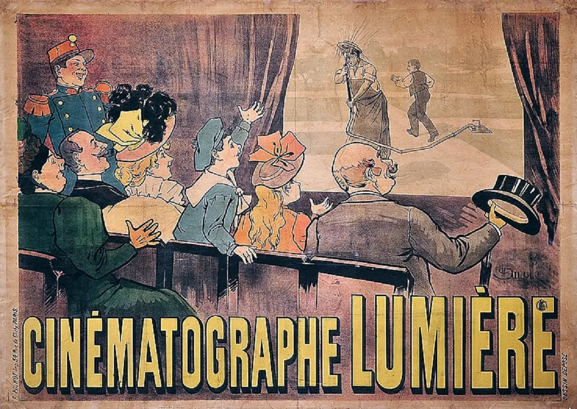 Cartel publicitario del cinematógrafo de los hermanos Lumière expuesto en 1896 en Rumanía