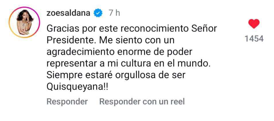 Zoe Saldaña a Abinader: "Siempre orgullosa de ser Quisqueyana"