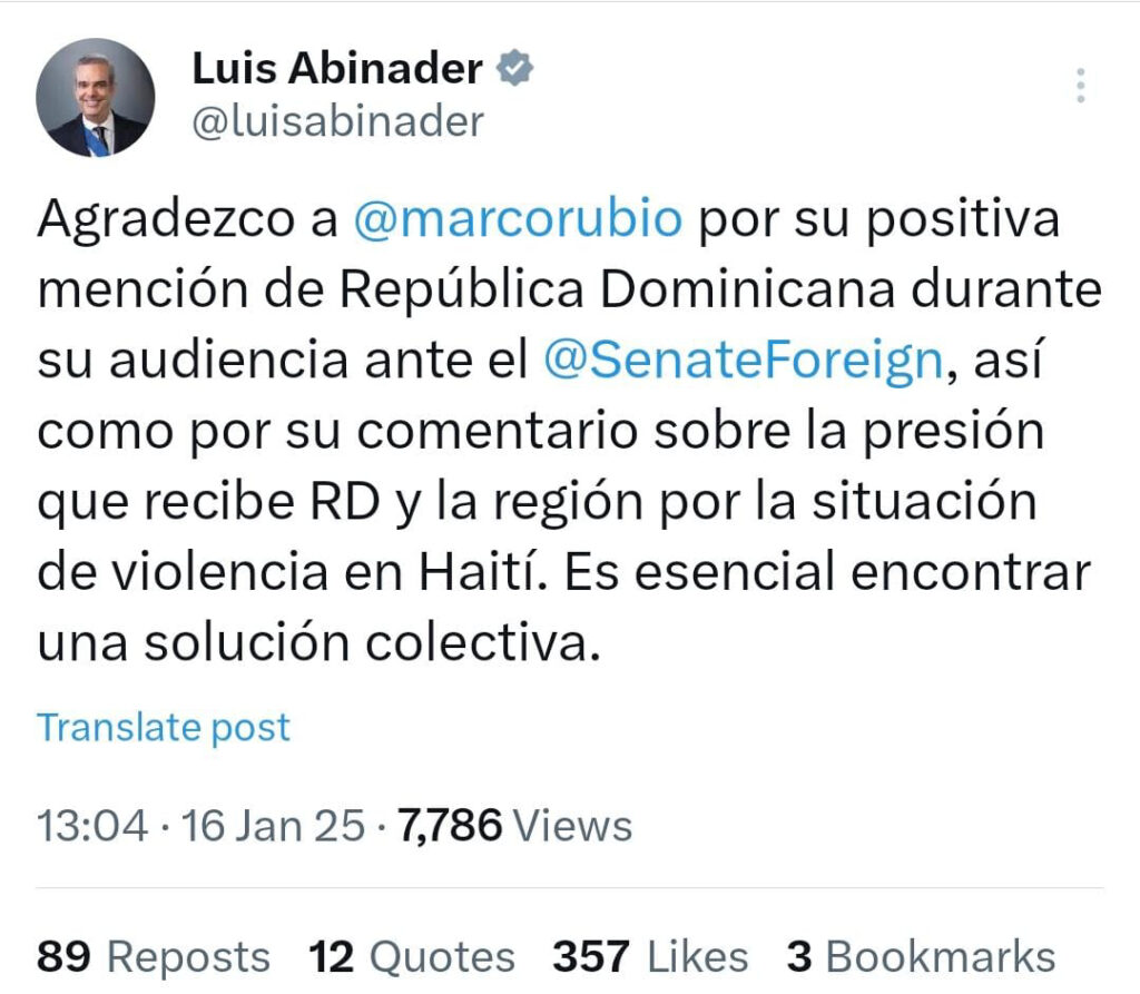 Abinader saludó opinión de Marco Rubio sobre RD en el Senado