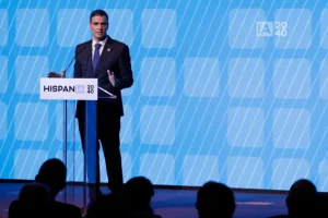 El presidente del Gobierno, Pedro Sánchez, durante su intervención.