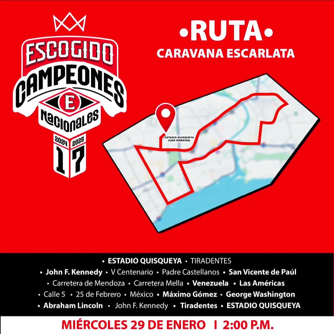 La caravana roja va el este miércoles Los Leones del Escogido celebrarán su corona 17 del béisbol invernal dominicano con una caravana que saldrá este miércoles a las 2:00 de la tarde, desde el estadio Quisqueya Juan Marichal. Los Leones lograron el campeonato nacional al vencer a los Tigres del Licey en una emocionante serie final, decidida en el máximo de siete encuentros. La ruta del desfile por el triunfo de los Leones incluye importantes avenidas del Distrito Nacional y Santo Domingo Este. Las patanas de los Leones recorrerán en orden la avenida Jhon F. Kenneddy y el Expreso Quinto Centenario para continuar en la Padre Castellanos, San Vicente de Paul, Carretera de Mendoza, Carretera Mella, avenidas Venezuela y Las Américas. Continuarán en la calle 5, avenidas 25 de febrero, México, Máximo Gómez, George Washington, Abraham Lincoln y regreso a la John F. Keneddy, y al estadio por la Tiradentes. Antes de la caravana, se espera que los Leones asistan al acto de abanderamiento en el Palacio Nacional, aunque no hay una hora establecida, ni la confirmación de que el presidente Luis Abinader encabece el acto. Los rojos deberán salir a Mexicali el jueves 30 en vuelo comercial para debutar el viernes ante el representante de Venezuela, Cardenales de Lara.