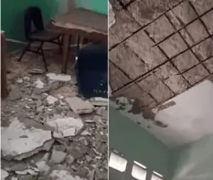 Desplome del empañete de una parte del techo de una escuela en Barahona, causa pánico entre maestros, autoridades y estudiantes