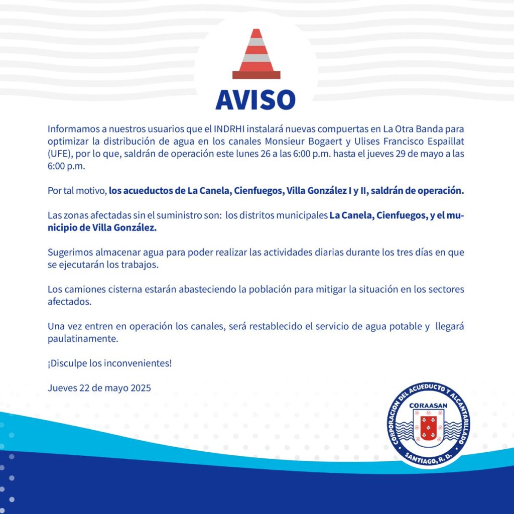 Sectores de Santiago estarán sin agua por tres días