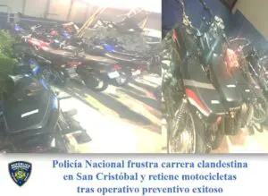 Agentes policiales frustran carrera clandestina, incautan 23 motocicletas y detienen 33 personas