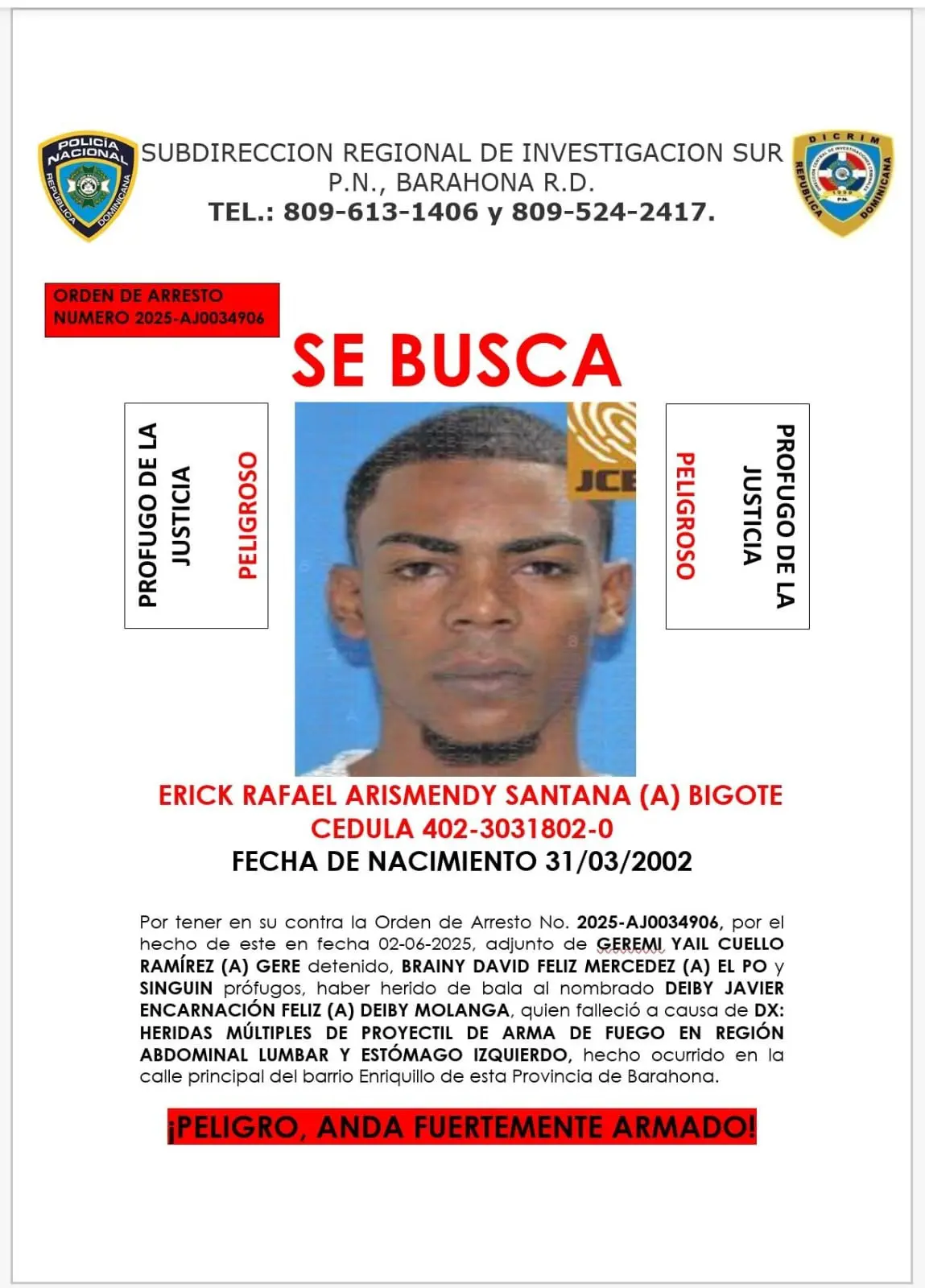 Se entrega a la Policía, a través de la gobernadora de Barahona, alias "Bigote" que era buscado por homicidio