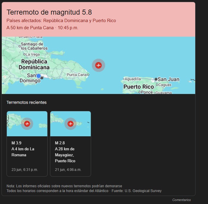 Temblor en República Dominicana Hoy 23 de junio