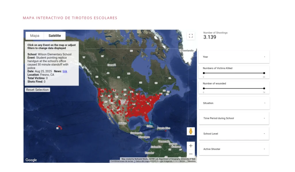 Mapa tiroteos escolares en escuelas de EE. UU