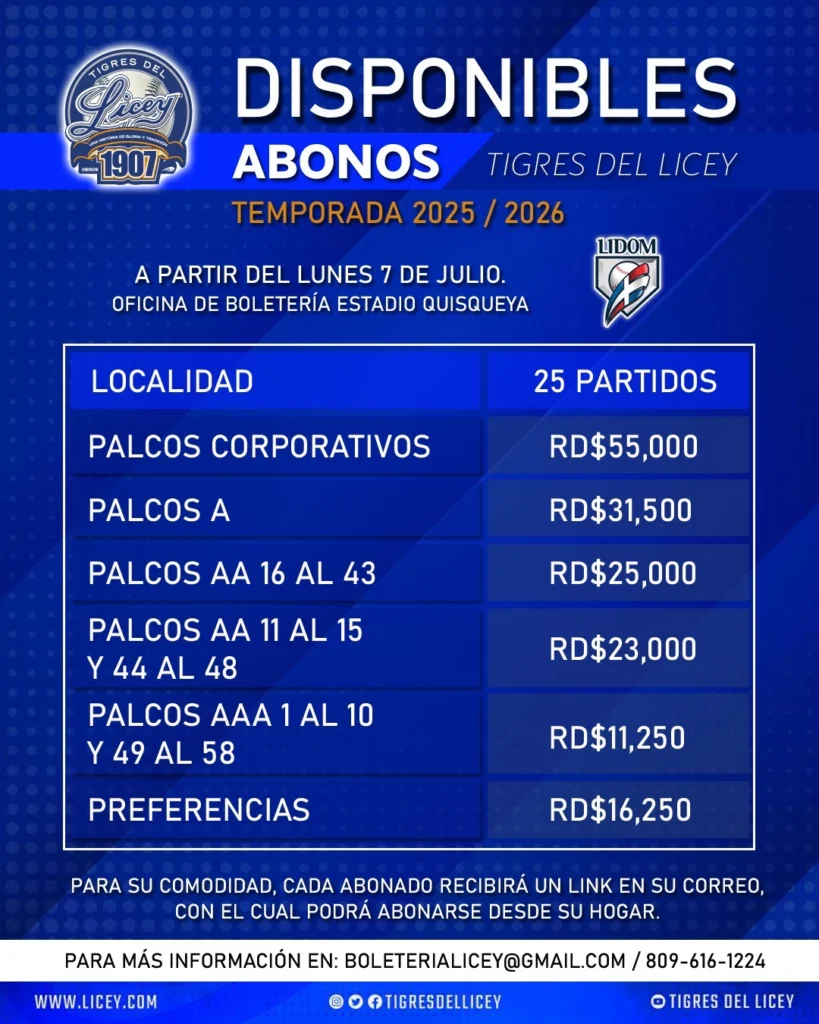 Precios de los abonos de Tigres del Licey 2025-2026
