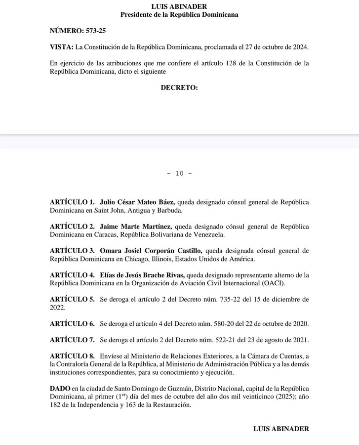 El documento nombra nuevos cónsules en Estados Unidos, Venezuela y el Caribe
