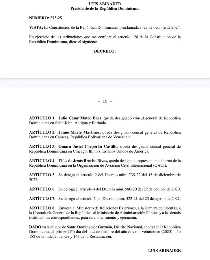 El documento nombra nuevos cónsules en Estados Unidos, Venezuela y el Caribe