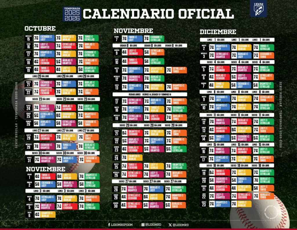 Calendario de la pelota invernal LIDOM 2025-26