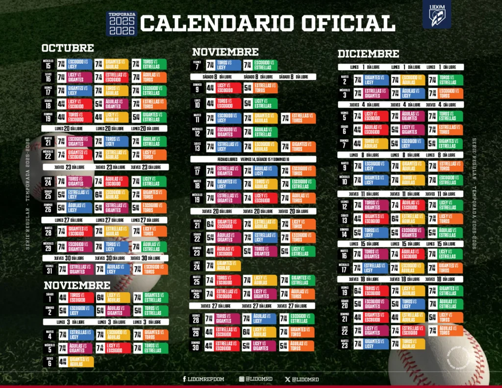 Calendario de la pelota invernal LIDOM 2025-26