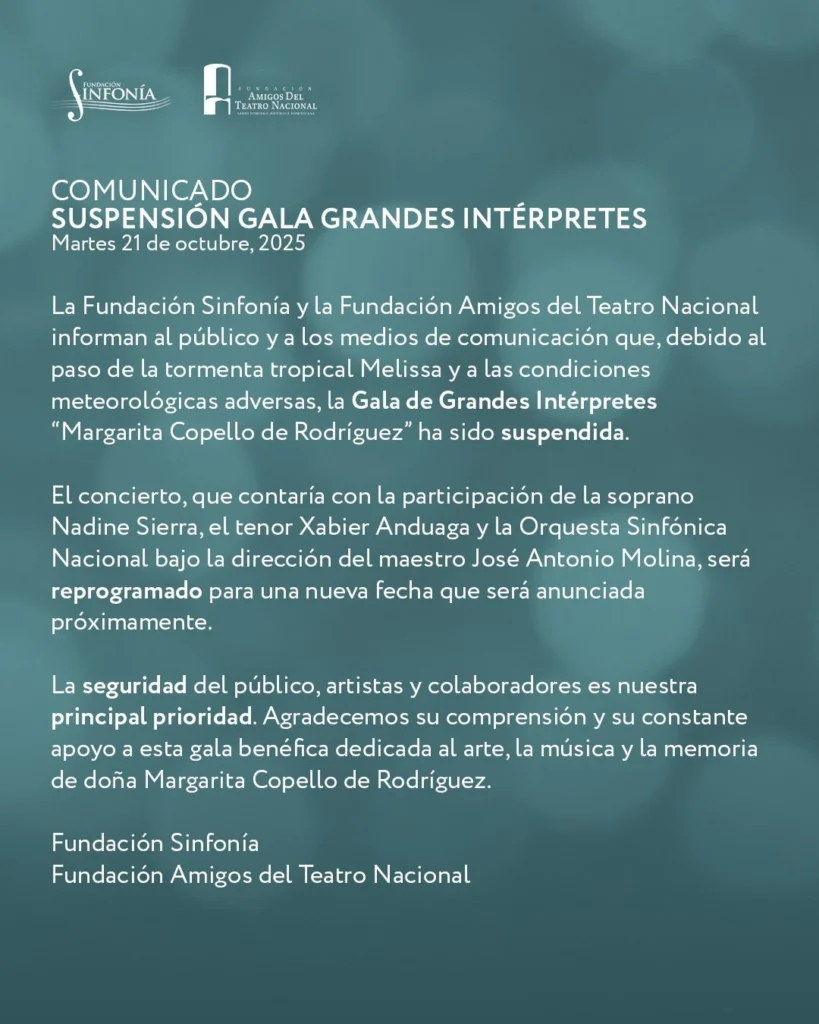 Suspenden gala de Fundación Sinfonía por tormenta Melissa