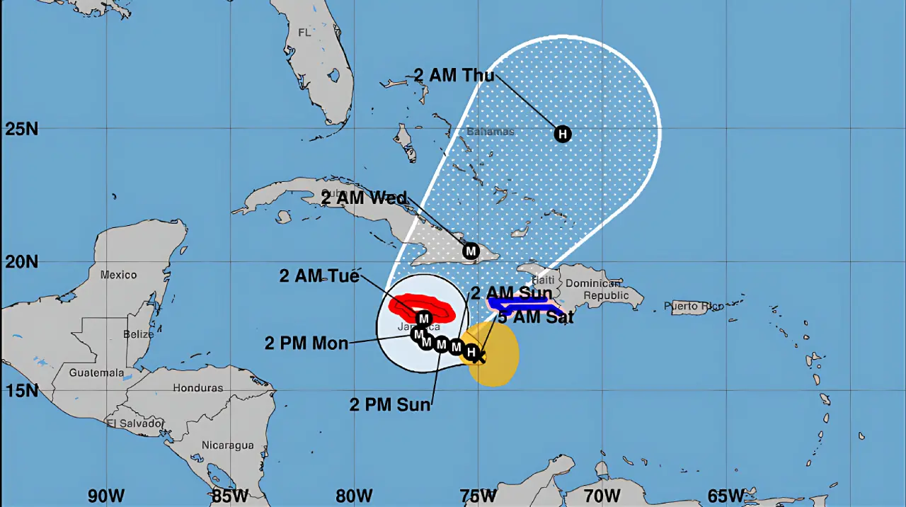 Melissa acercándose a Haití y Jamaica con nubosidad sobre República Dominicana. (NOAA)