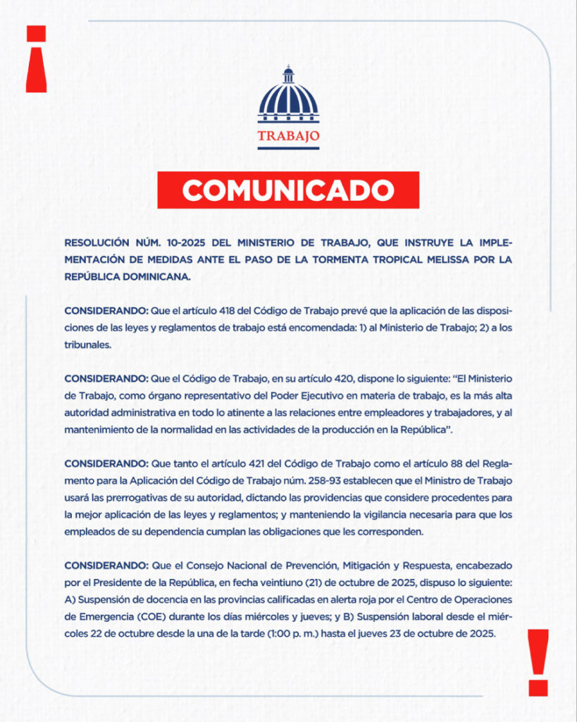 Se suspenden las labores en provincias en alerta roja por Melissa