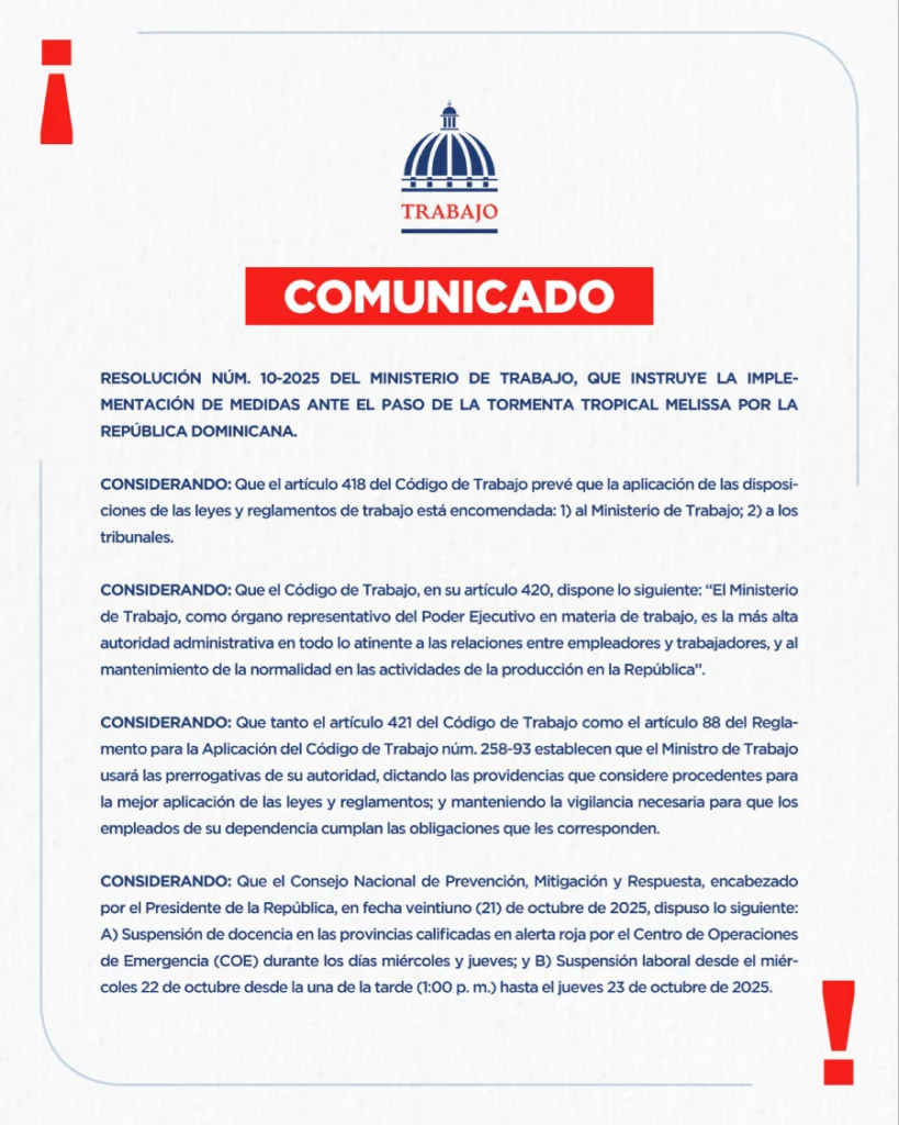 Se suspenden las labores en provincias en alerta roja por Melissa