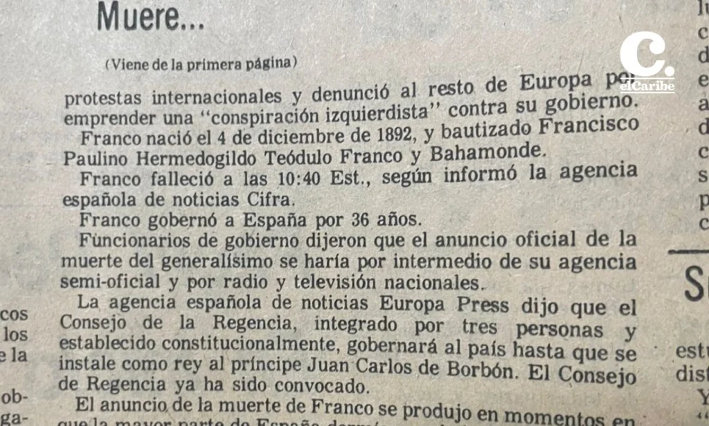 Así vio elCaribe la muerte de Francisco Franco y cómo se recuerda 50 años después