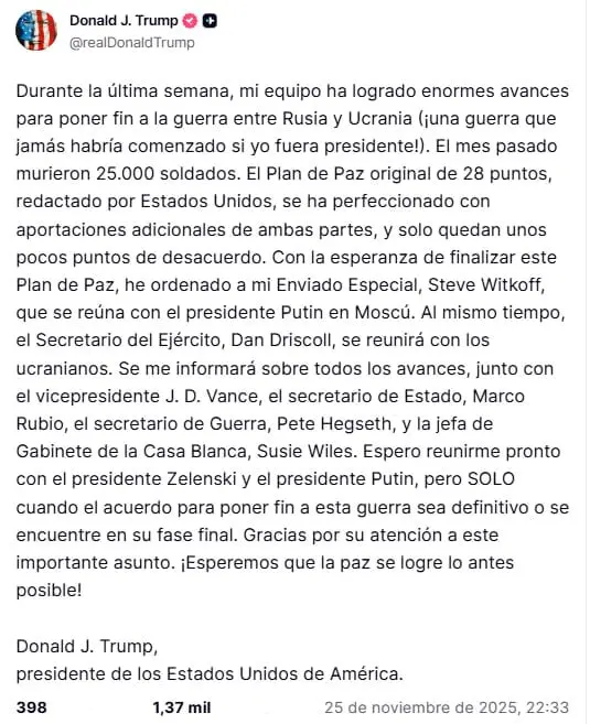 Trump confirma cambios en su plan de paz