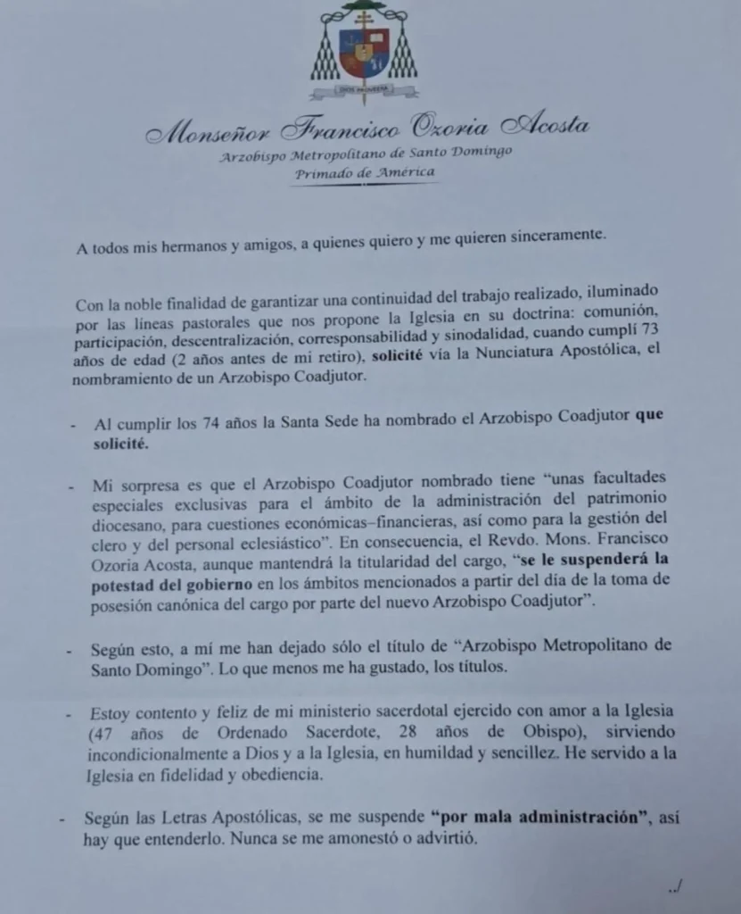 Carta de Monseñor Ozoria a la comunidad eclesiástica