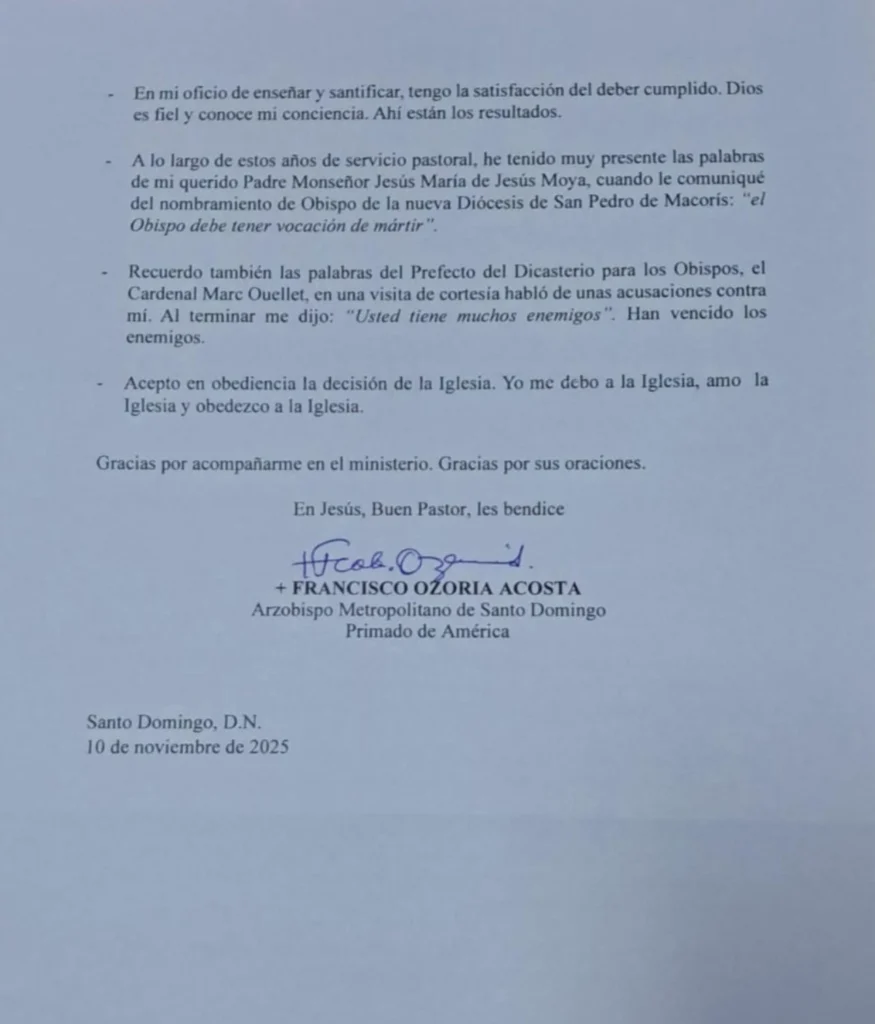 Carta de Monseñor Ozoria a la comunidad eclesiástica