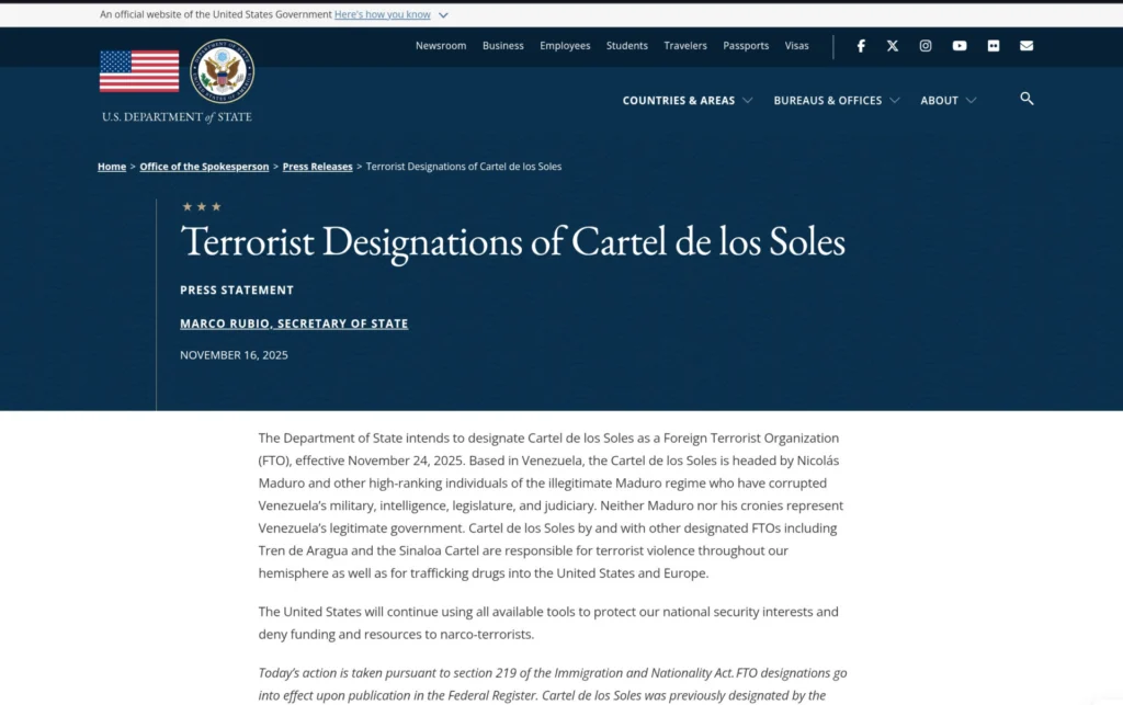 Trump designa como terroristas a Maduro y a su círculo militar.