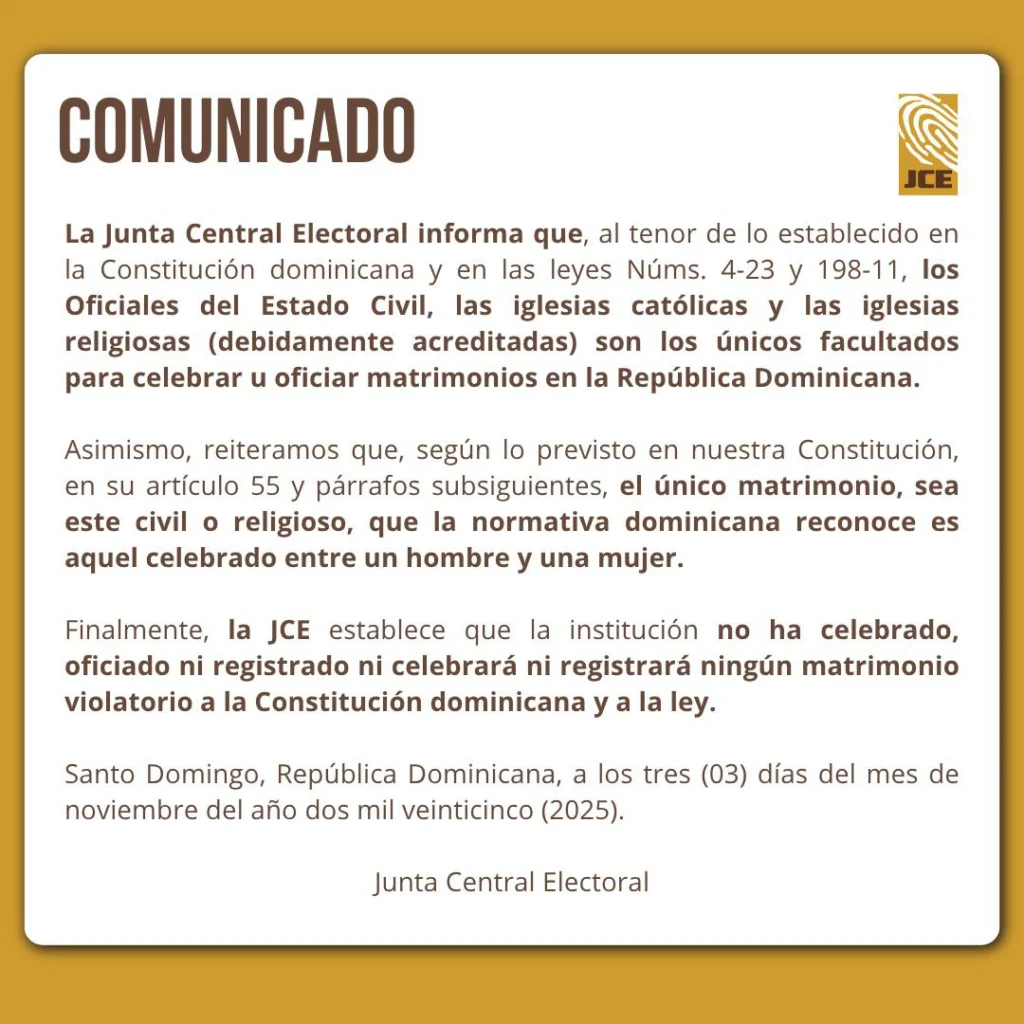 La Junta Central Electoral (JCE) ha reiterado que no registrará actos que contravengan el artículo 55 de la Constitución.
