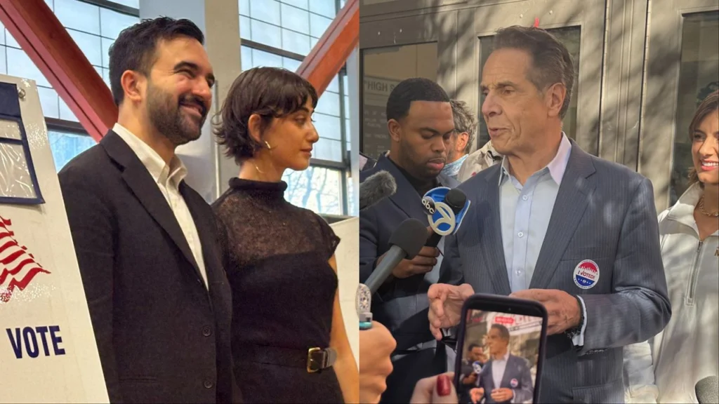 Mandami (izq.) y Cuomo (der.), los principales aspirantes a alcalde de Nueva York, tras ejercer su derecho al voto ese 4 de noviembre