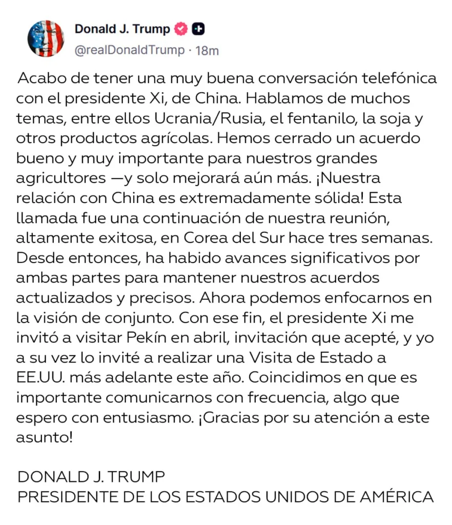 Donald Trump informó de una llamada “muy buena” con Xi Jinping