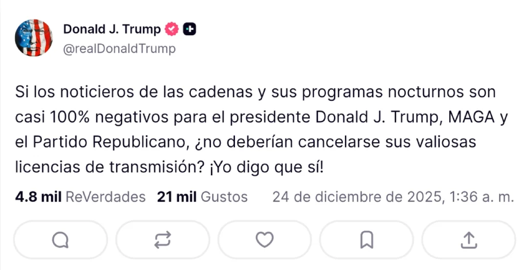 Trump propone retirar licencias a canales de TV críticos