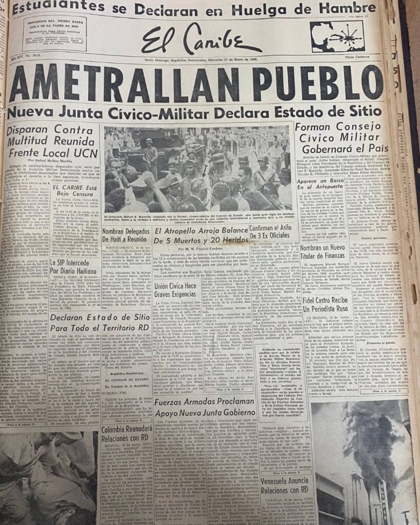 La portada de El Caribe tras los sucesos del 16 de enero de 1962