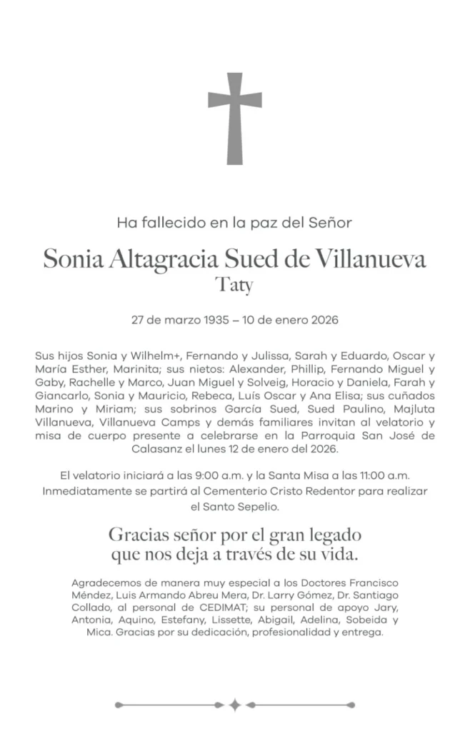 Comunicado fúnebre de Sonia Altagracia
