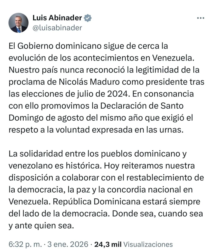 Abinader reafirma respaldo a la democracia en Venezuela y seguimiento a la crisis política