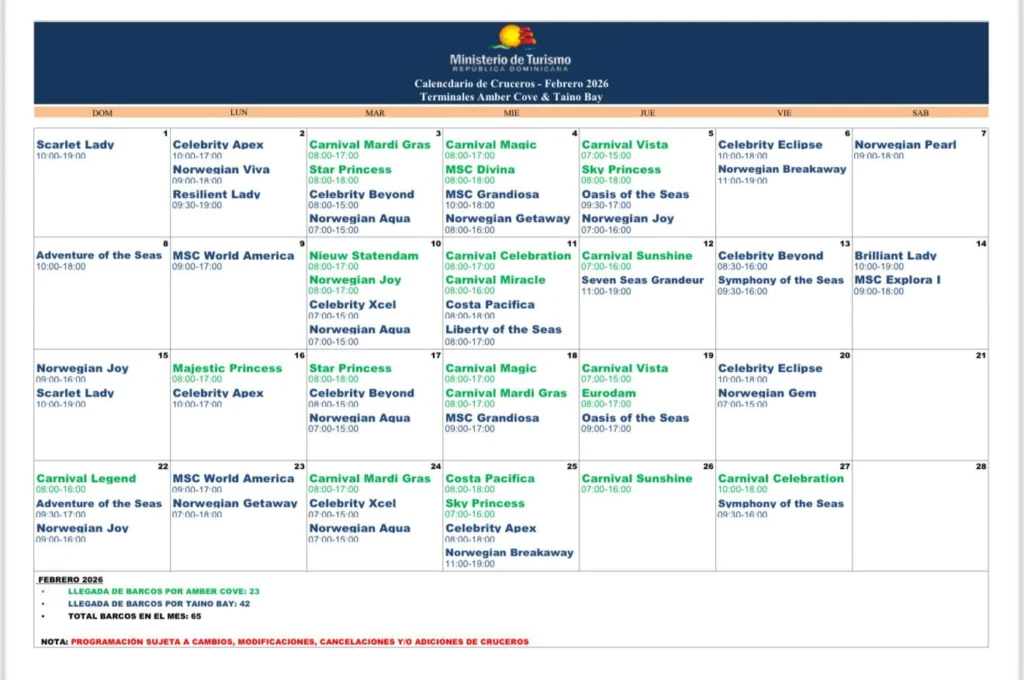 Calendario de cruceros que llegarán en febrero